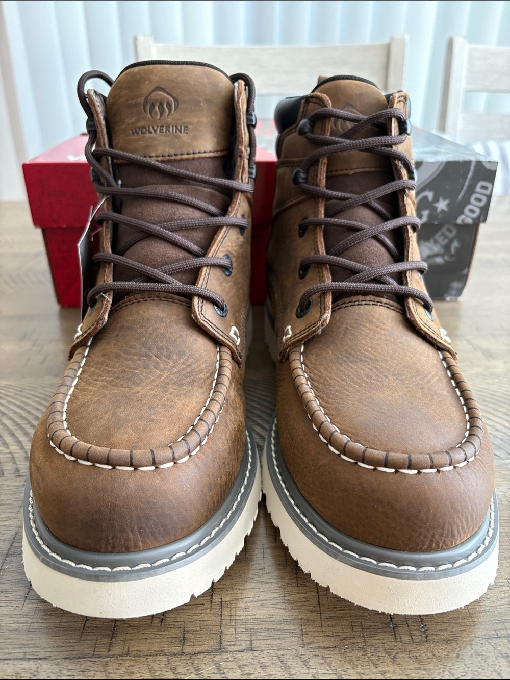 Wolverine Brown Moc Toe Work Boots with Cream Sole